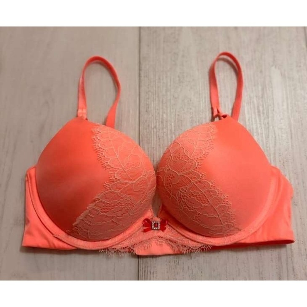 Victoria's Secret Miraculous Plunge Bra Add 2 Cups Sz 34B Neon Orange